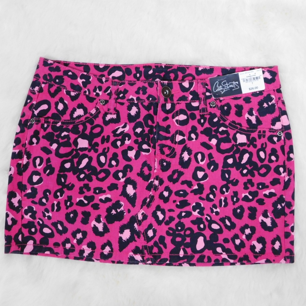 Retro Y2K Cheetah Animal‎ Print Mini Skirt Size 9 Pink Black Stretch Whimsigoth